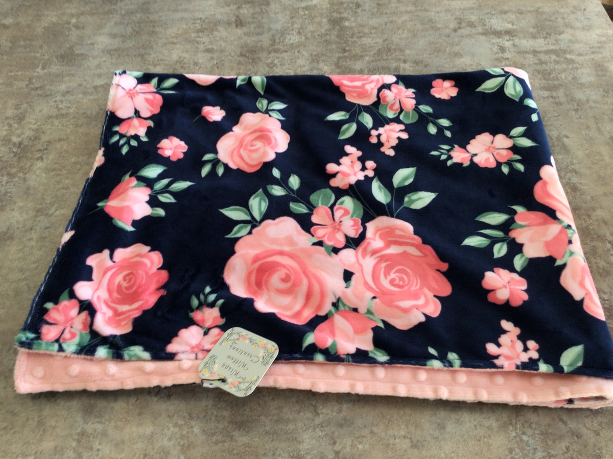 WWC-01 Minky Baby Blanket pink floral/navy background