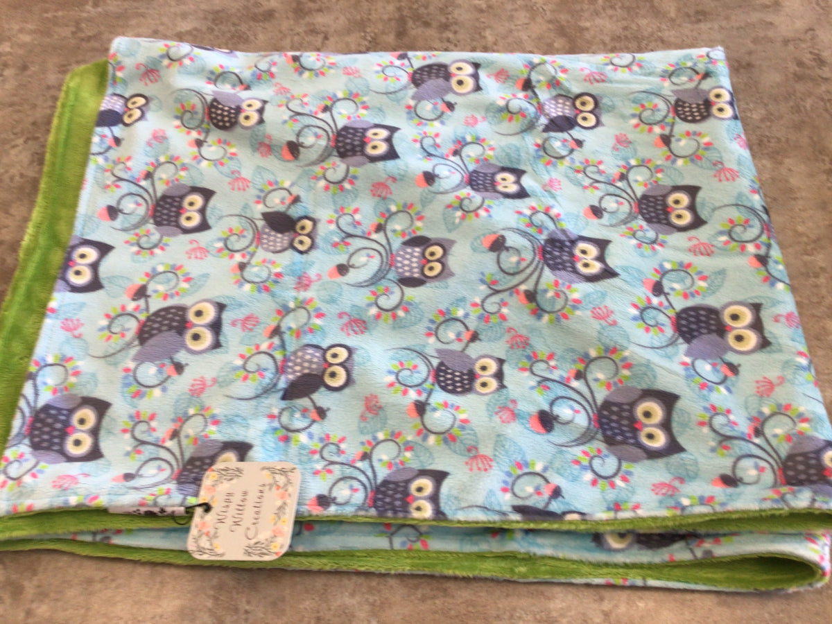 WWC-01 Minky Baby Blanket owls/aqua background