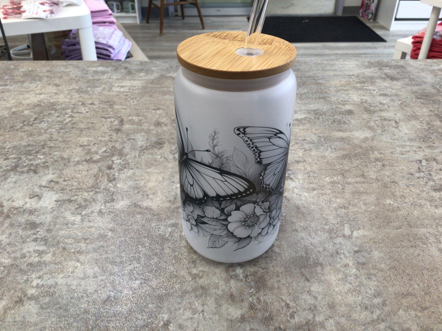 TCK Glass Can Tumbler Butterfly