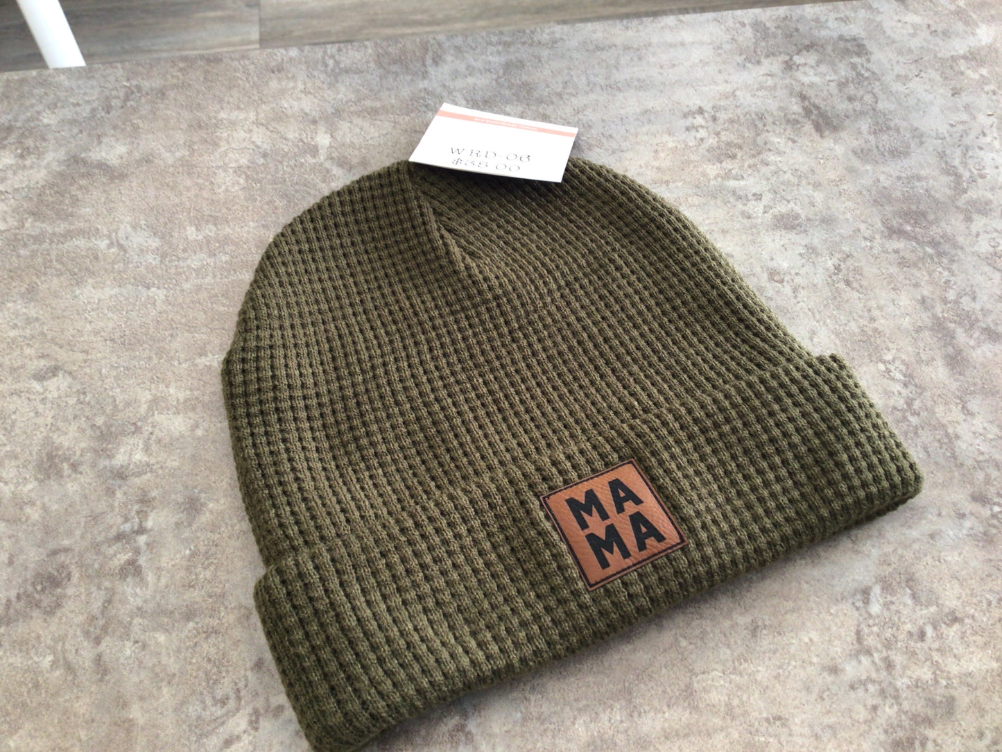 WRD-06 Adult Waffle Knit Mama Patch Toque-Olive
