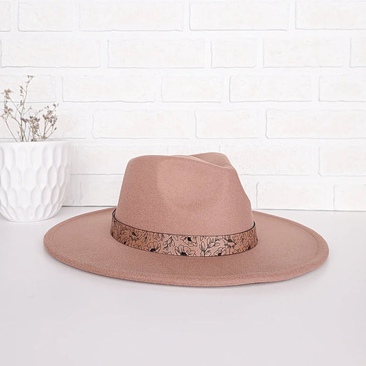 LAS - Floral Wide Brim Fedora Hat - Caramel