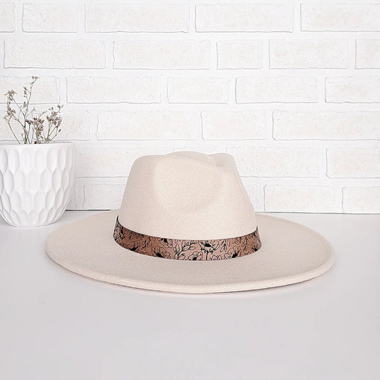 LAS - Floral Wide Brim Fedora Hat - Ivory