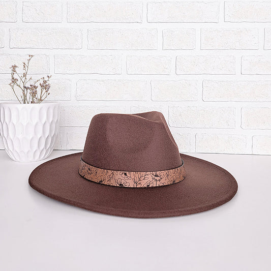 LAS - Floral Wide Brim Fedora Hat - Chocolate