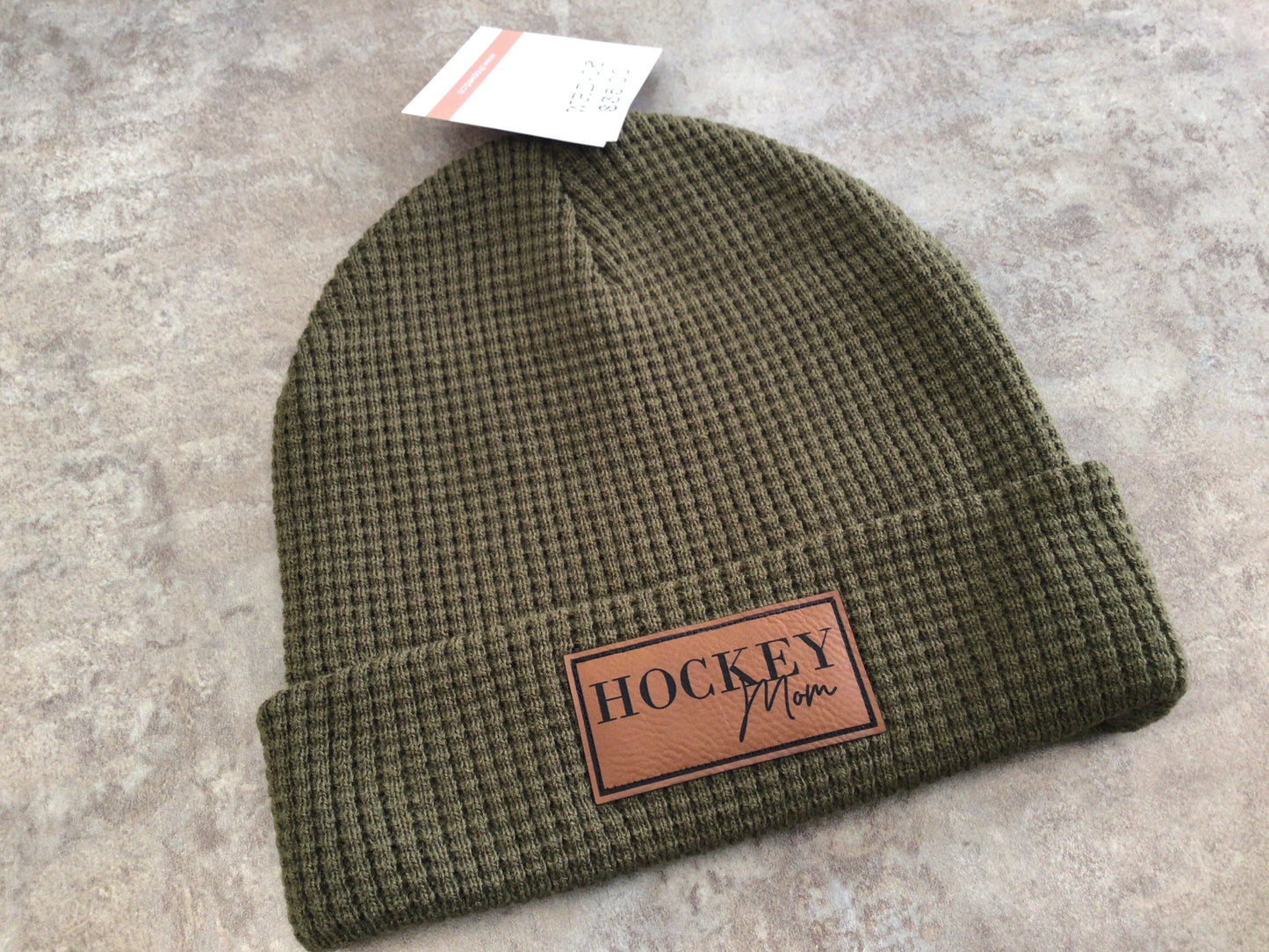 WRD-06 Adult Waffle Knit Hockey Mom Patch Toque-Olive