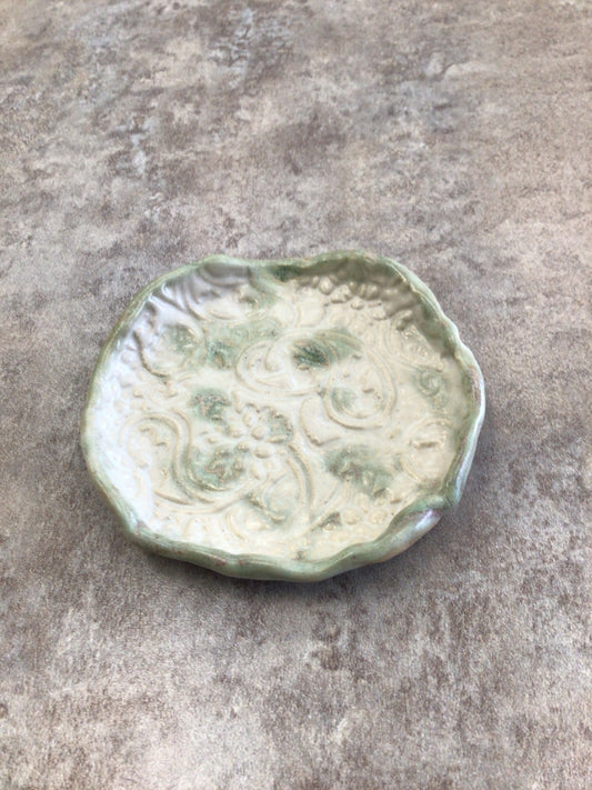 CS - Pottery 3” round plate (white/green)