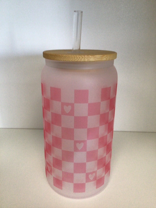 CCL800 - Pink/Frosted Check Hearts Can Glass