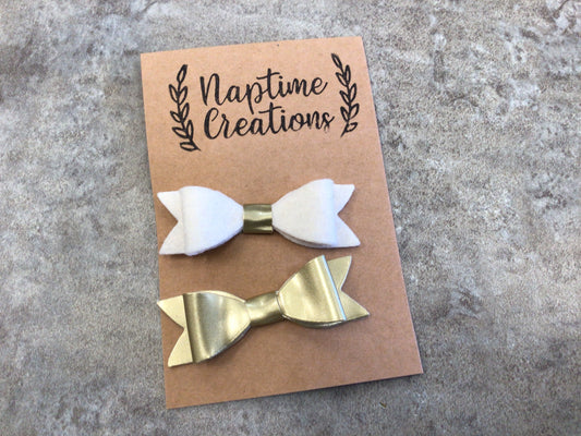 NTC - Felt & Pleather Bow Clips (Gold & White)