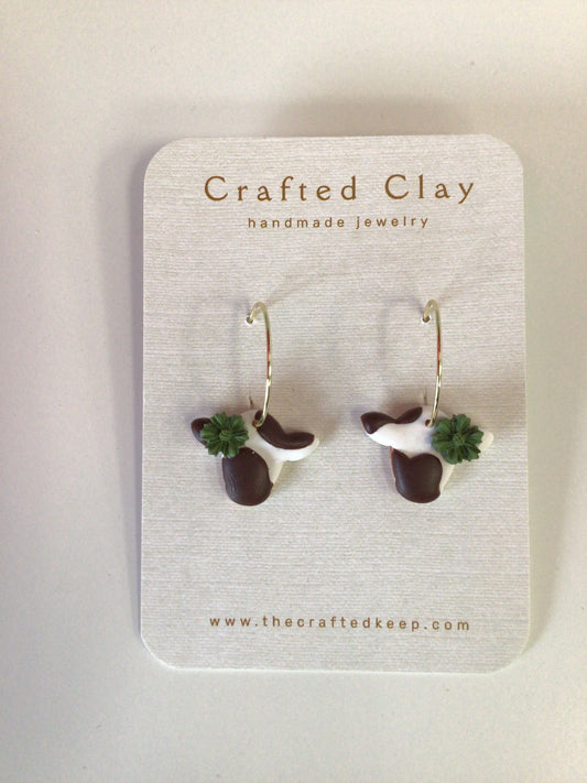 TCK - Clay Brown/White Cow Earrings (dark green flower)