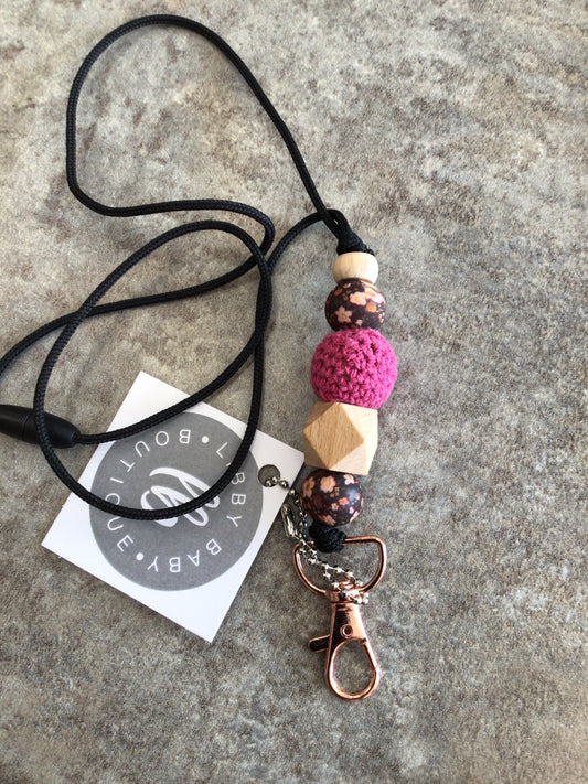 LBB-24 - Lanyard, Flower Bead/Raspberry