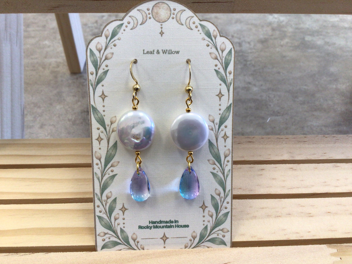 LAW-06 Earrings, white stone/blue-purple teardrop