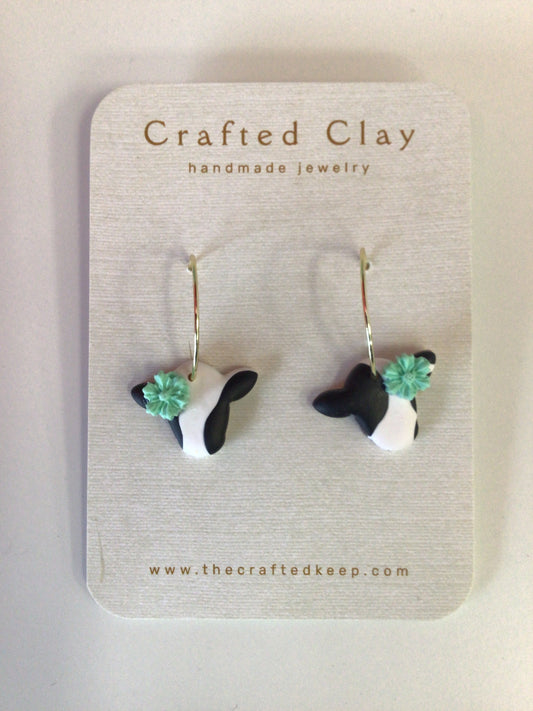 TCK - Clay Black/White Cow Earrings (mint green flower)