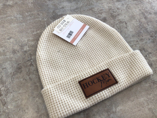 WRD-06 Adult Waffle Knit Hockey Mom Patch Toque-Cream