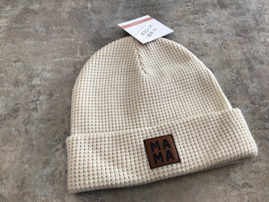 WRD-06 Adult Waffle Knit Mama Patch Toque-Cream