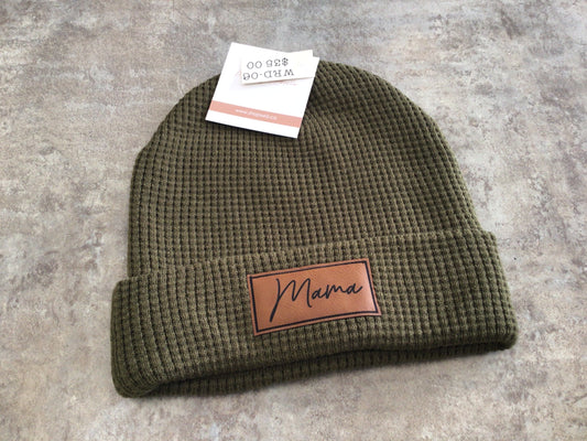 WRD-06 Adult Waffle Knit Mama Patch Toque-Olive