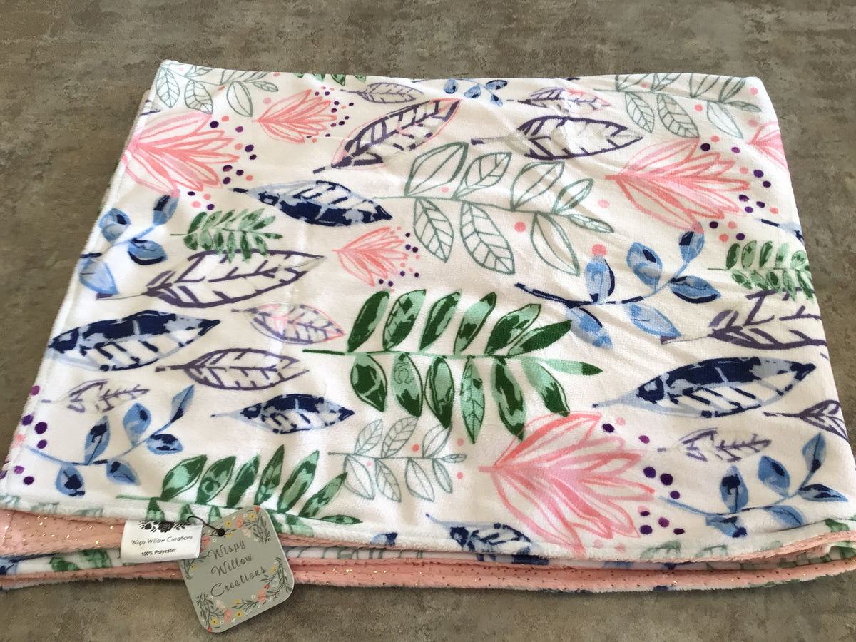 WWC-01 Minky Baby Blanket blue/purple/green/pink leaves