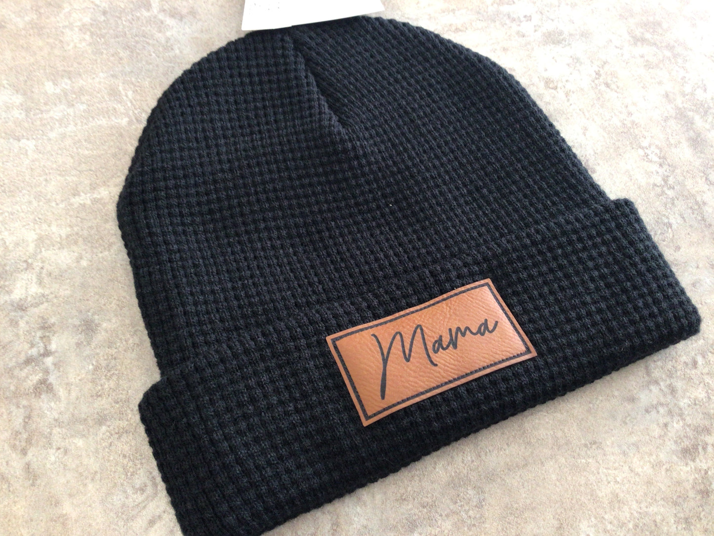 WRD-06 Adult Waffle Knit Mama Patch Toque-Black