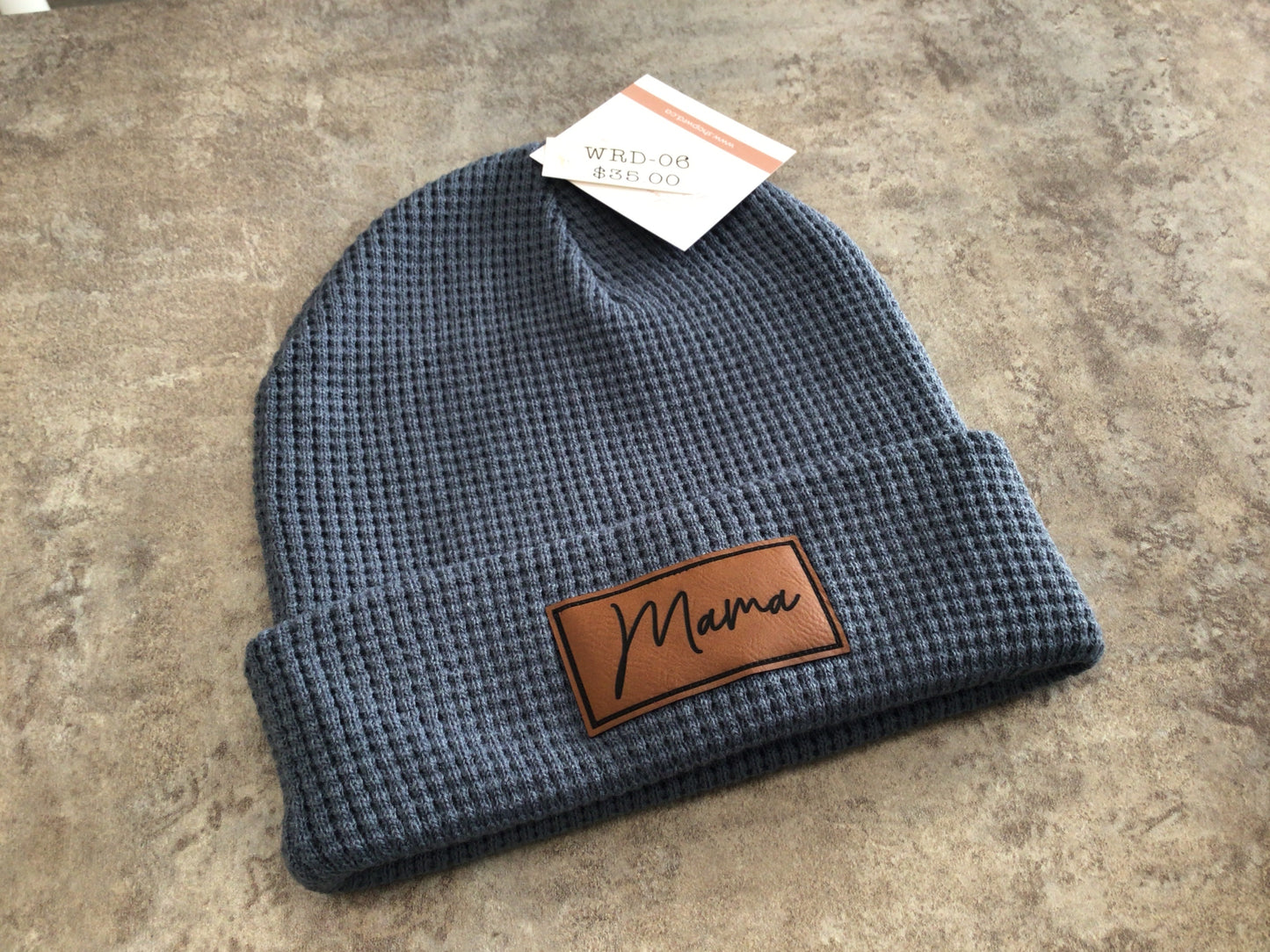 WRD-06 Adult Waffle Knit Mama Patch Toque-Blue