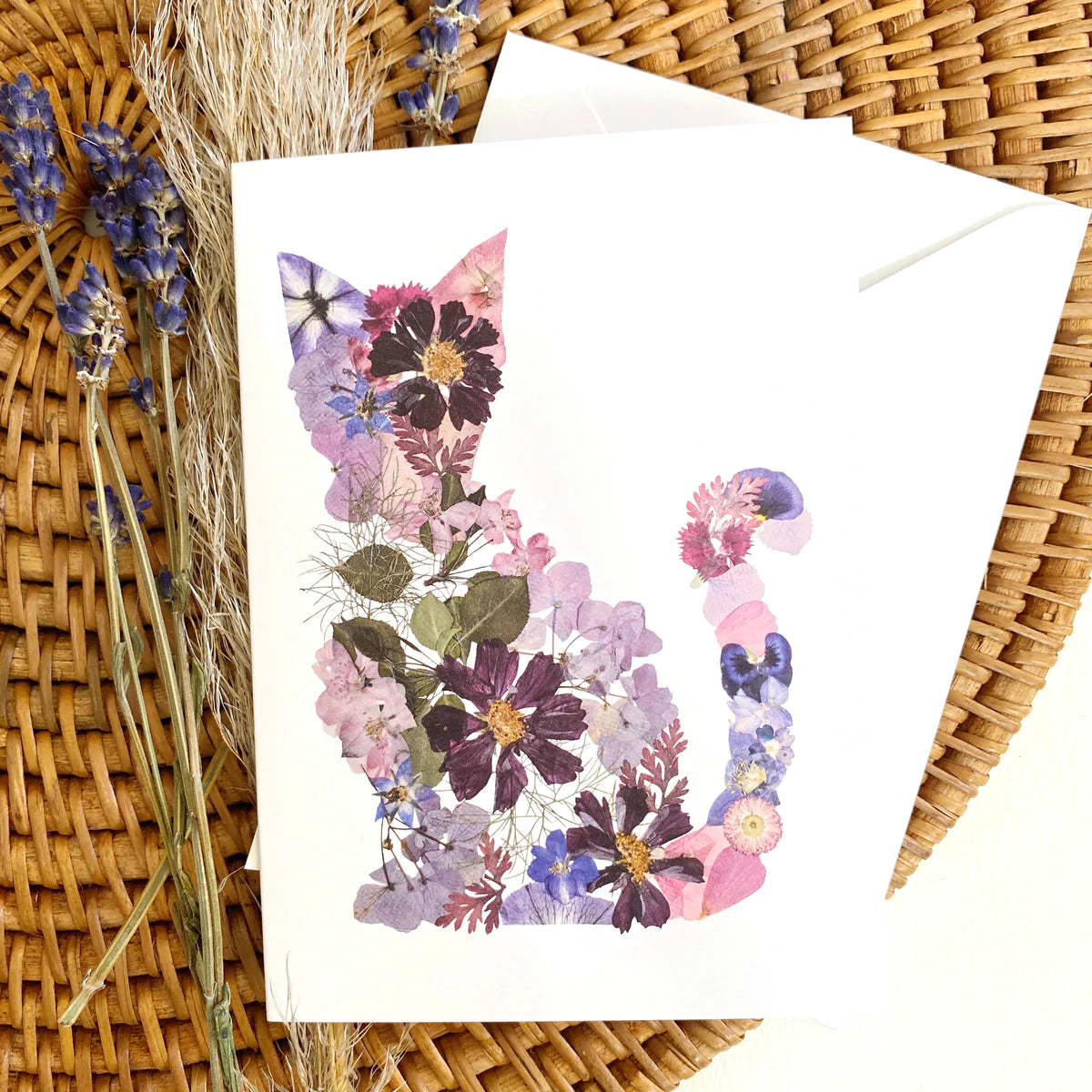 Cat Pressed Flower Art Greeting Card