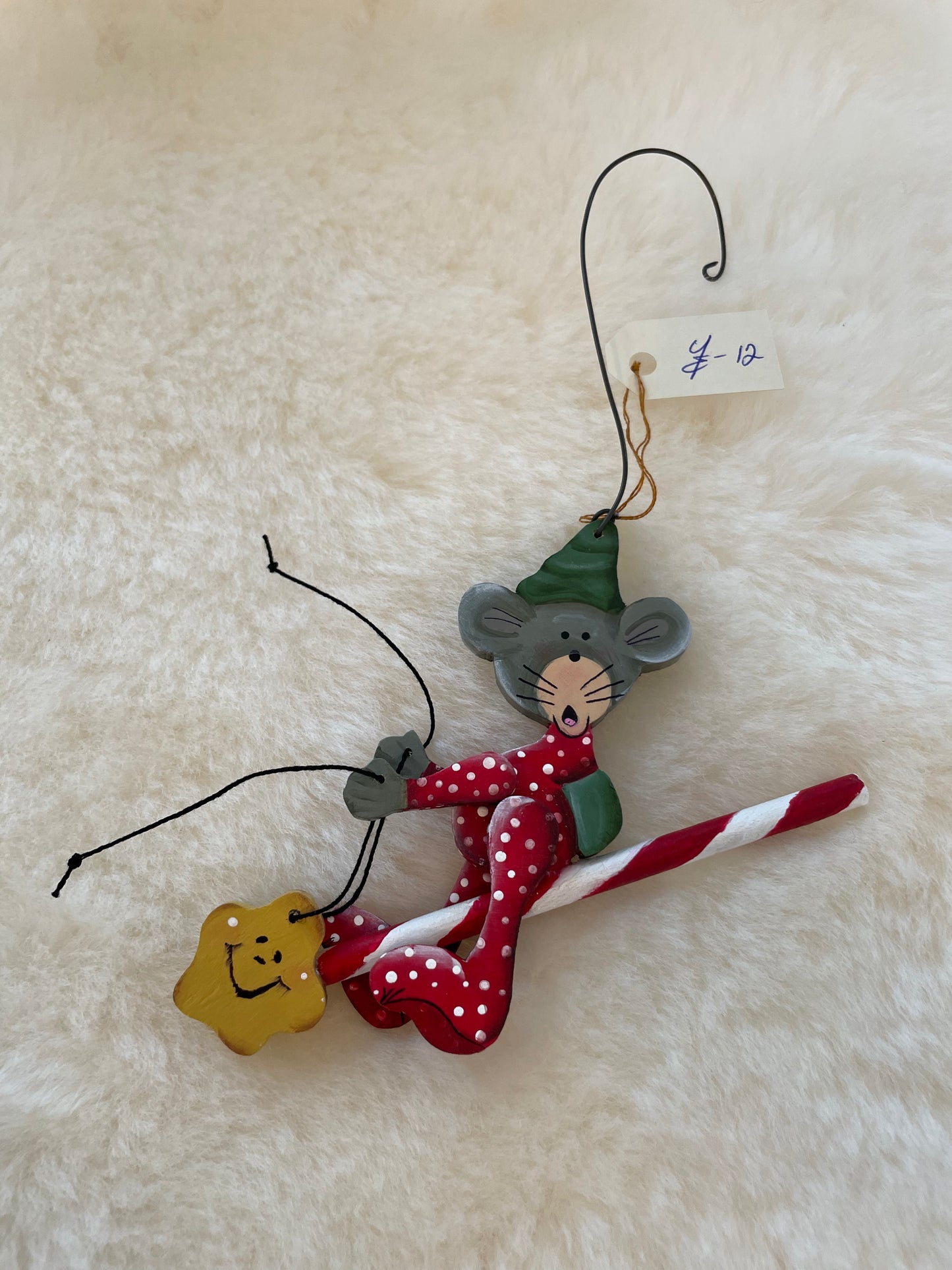 YE-05 Mice on Candy Cane Ornament - Wooden hand painted